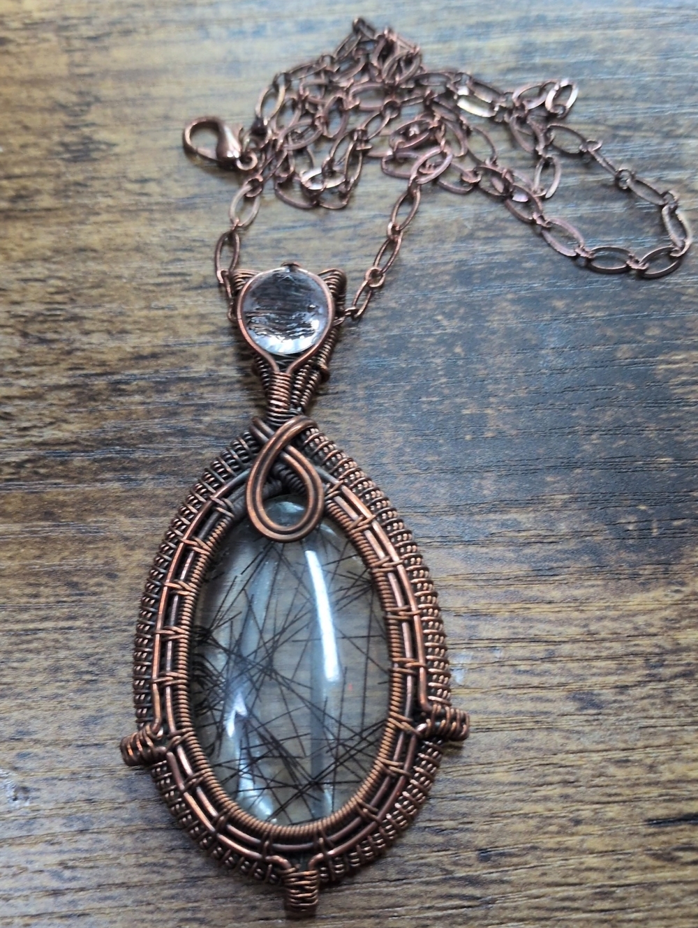 Copper Wire-Wrapped Rutilated Quartz Teardrop Pendant Necklace - Copper
